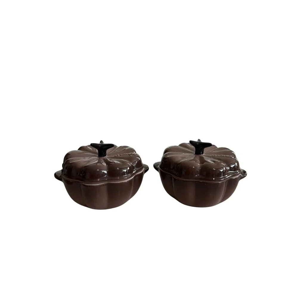 Set Of 2 Le Creuset Rare Cacao Brown Pumpkin Mini Cocotte Covered Dish 12 oz